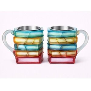NEW Set of 2 Rainbow Stacked Book Glass Mugs Stainless Steel Lined Coffee Cups